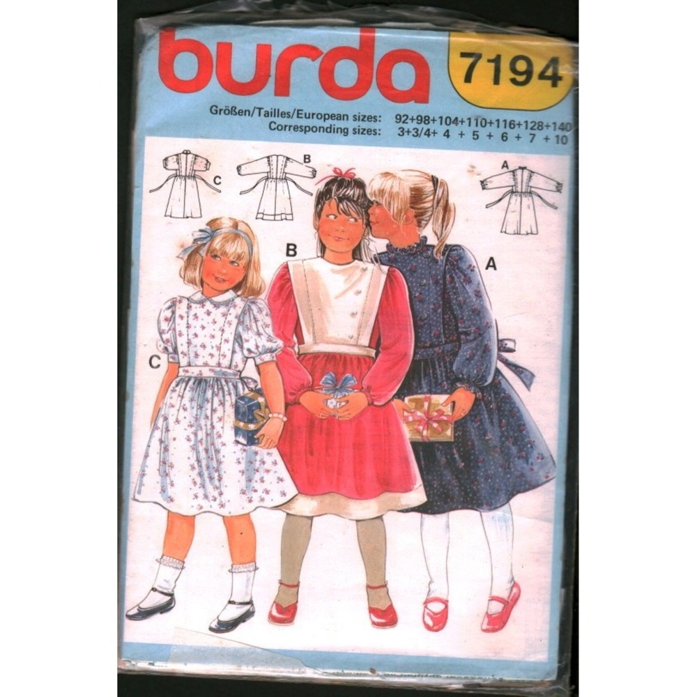 Burda 7194‎ Girls Dress Sewing Pattern Sizes 3-10 Vintage Kids High Neck Ruffle